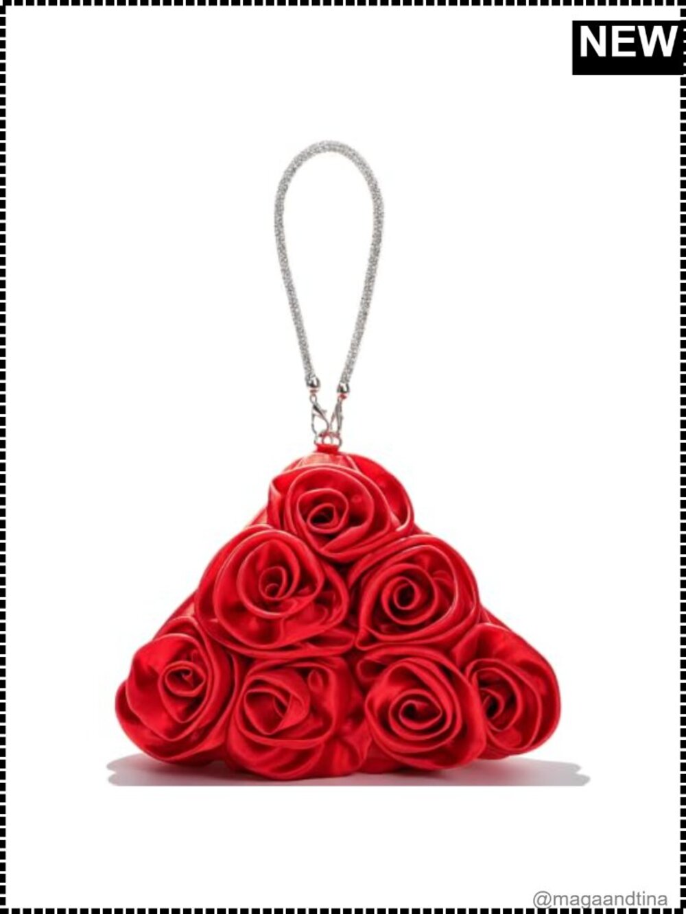 Satin Evening Clutch with Rhinestone Handle 3D Floral Formal Wristlet Purse